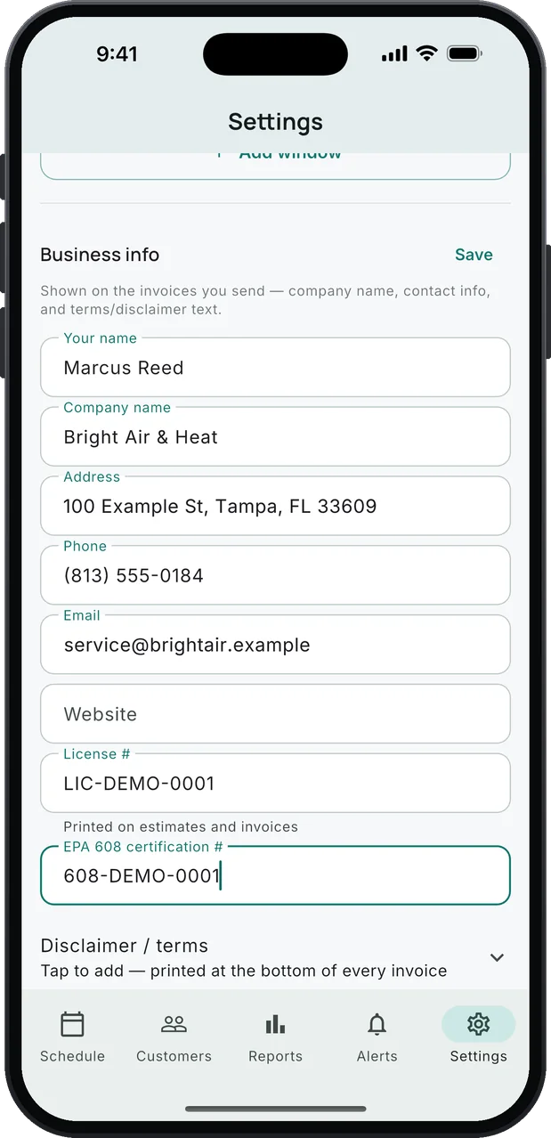 Business info in Settings: Marcus Reed, Bright Air & Heat, a Tampa address, (813) 555-0184, a License # field noted as printed on estimates and invoices, and an EPA 608 certification # field.
