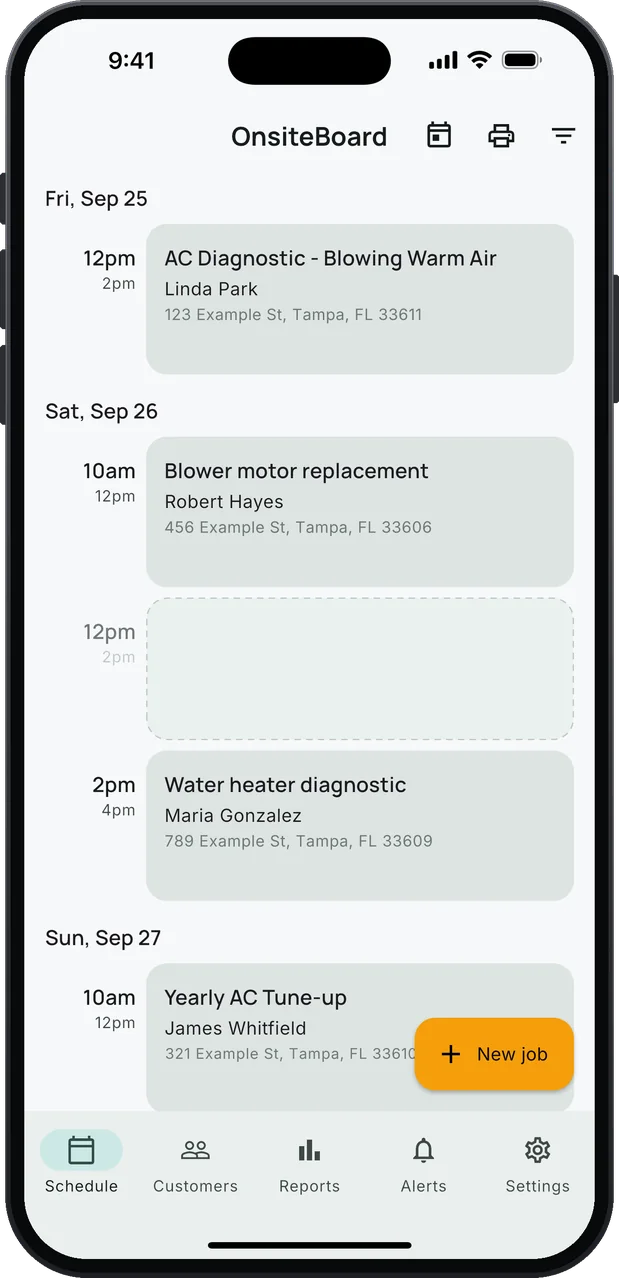 OnsiteBoard's Schedule screen on an iPhone with the day's hvac jobs in arrival windows.
