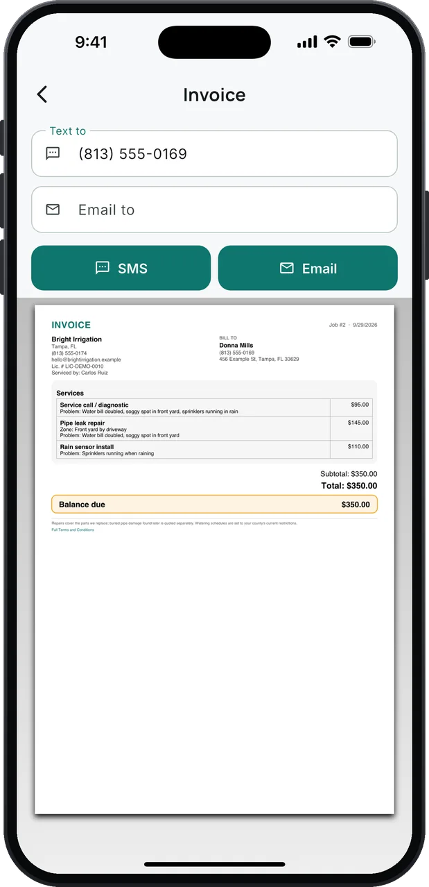 An invoice ready to send by SMS or email, with Lic. # in the header: Service call / diagnostic $95.00, Pipe leak repair $145.00 and Rain sensor install $110.00, with their Zone and Problem lines; total and balance due $350.00, and the business's terms at the bottom.