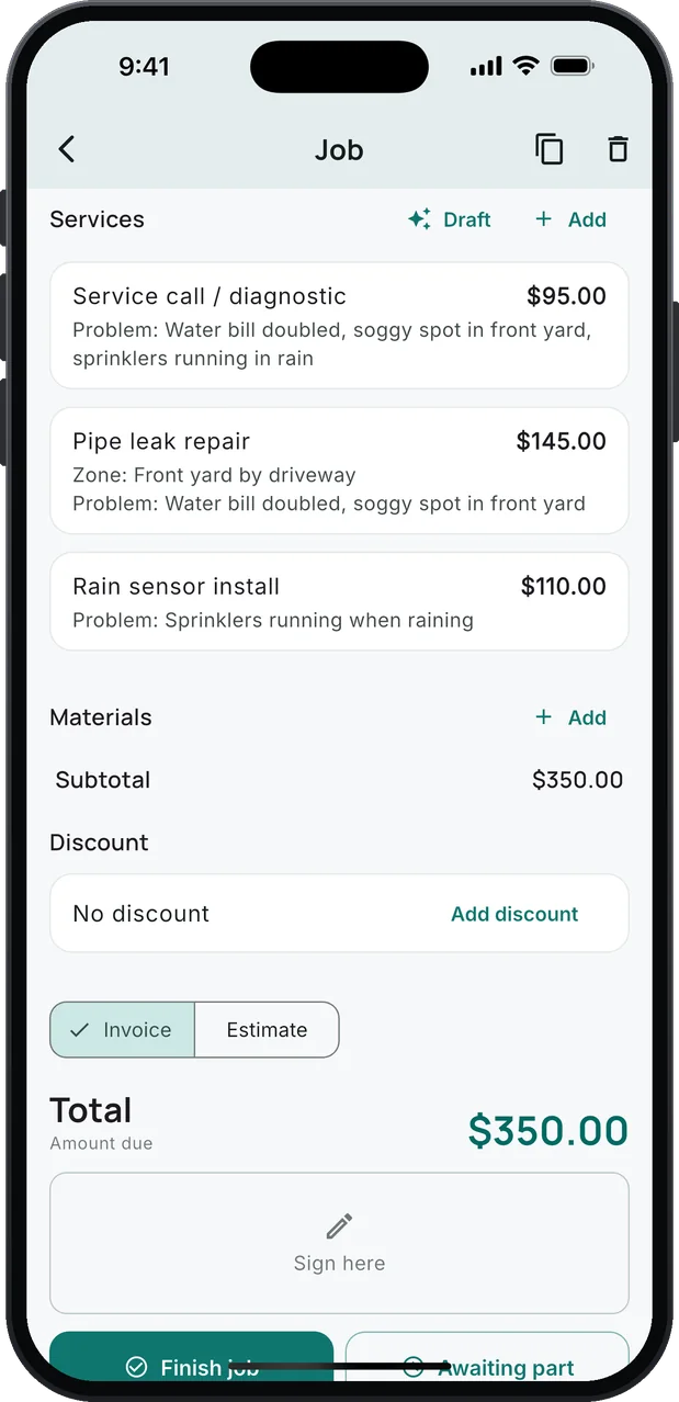 A job's services: Service call / diagnostic, $95.00, with Problem: Water bill doubled, soggy spot in front yard, sprinklers running in rain; Pipe leak repair, $145.00, with Zone: Front yard by driveway; Rain sensor install, $110.00; a total of $350.00.