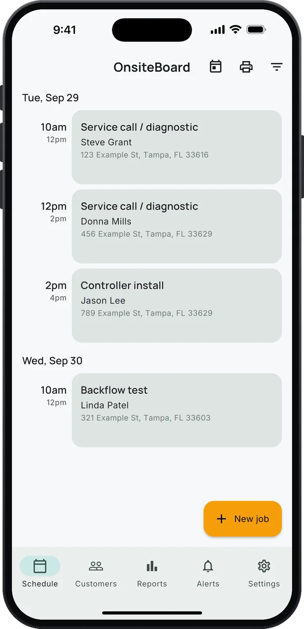 OnsiteBoard's Schedule screen on an iPhone: irrigation jobs in arrival windows, two service calls, a controller install and a backflow test the next morning, with an amber New job button.