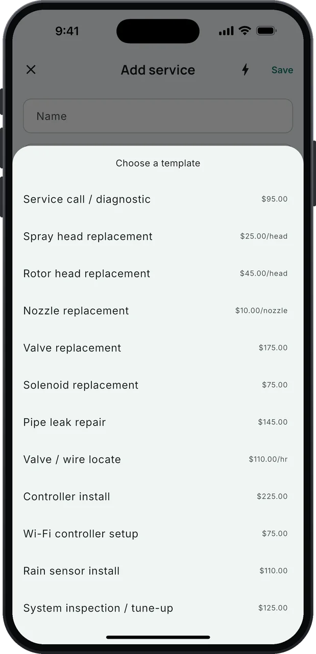 Choose a template: the irrigation service list with starting prices, from Service call / diagnostic $95.00, Spray head replacement $25.00/head, Rotor head replacement $45.00/head and Nozzle replacement $10.00/nozzle to Valve replacement, Solenoid, Pipe leak repair, Valve / wire locate $110.00/hr, Controller install, Wi-Fi controller setup, Rain sensor install and System inspection / tune-up $125.00.