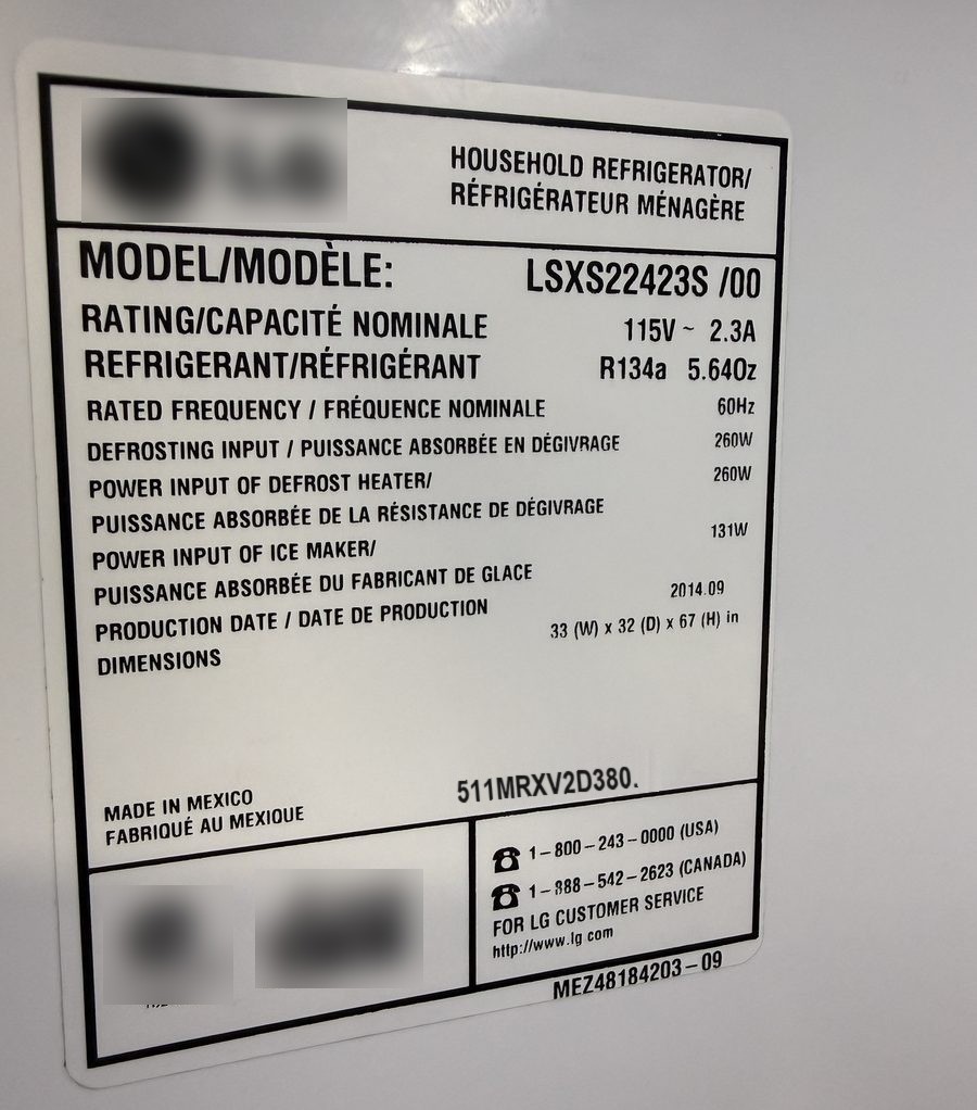 The nameplate on a refrigerator, photographed with a phone: model LSXS22423S/00, the rating, the refrigerant and serial number 511MRXV2D380.