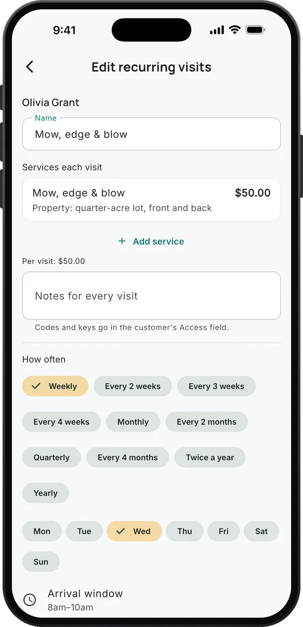 Recurring visits for a customer: Services each visit with Mow, edge & blow at $50.00 and its Property line, Per visit: $50.00, How often set to Weekly with Wednesday picked, and the arrival window.