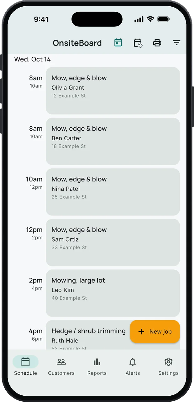OnsiteBoard's Schedule screen on an iPhone: a day of lawn care visits in arrival windows, four Mow, edge & blow visits, a Mowing, large lot visit and a Hedge / shrub trimming job, with an amber New job button.