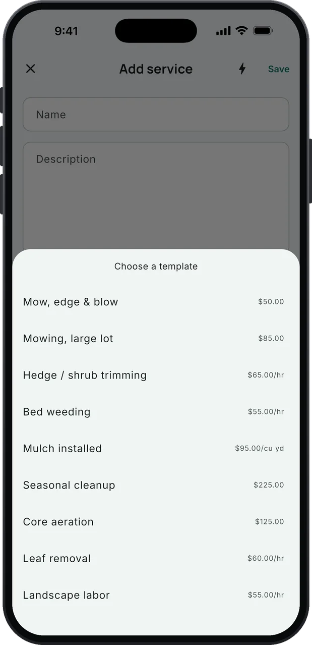 Choose a template: the lawn care service list with starting prices. Mow, edge & blow $50.00, Mowing, large lot $85.00, Hedge / shrub trimming $65.00/hr, Bed weeding $55.00/hr, Mulch installed $95.00/cu yd, Seasonal cleanup $225.00, Core aeration $125.00, Leaf removal $60.00/hr, Landscape labor $55.00/hr.