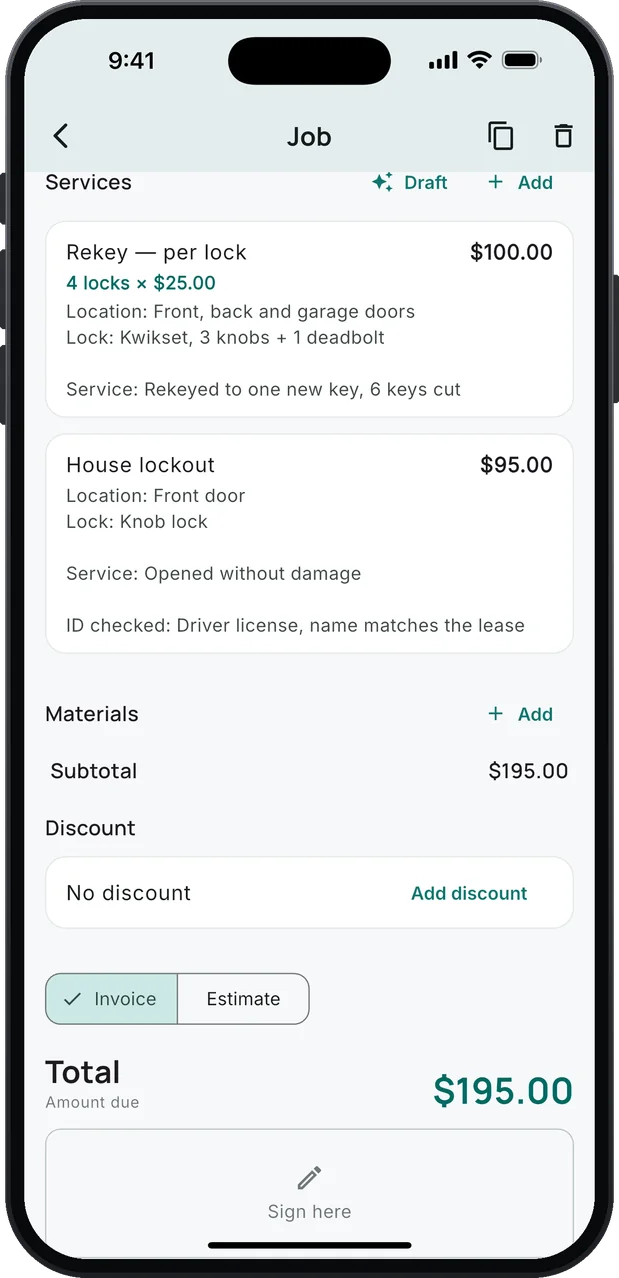 A job's services: Rekey — per lock at 4 locks × $25.00, $100.00, and House lockout, $95.00, with Location, Lock, Service and an ID checked line filled in below it; a total of $195.00.