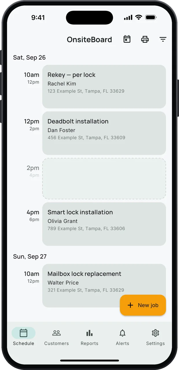 OnsiteBoard's Schedule screen on an iPhone: locksmith calls in arrival windows, a rekey priced per lock, a deadbolt installation and a smart lock installation on Saturday with the 2pm–4pm window open, a mailbox lock replacement on Sunday, and an amber New job button.