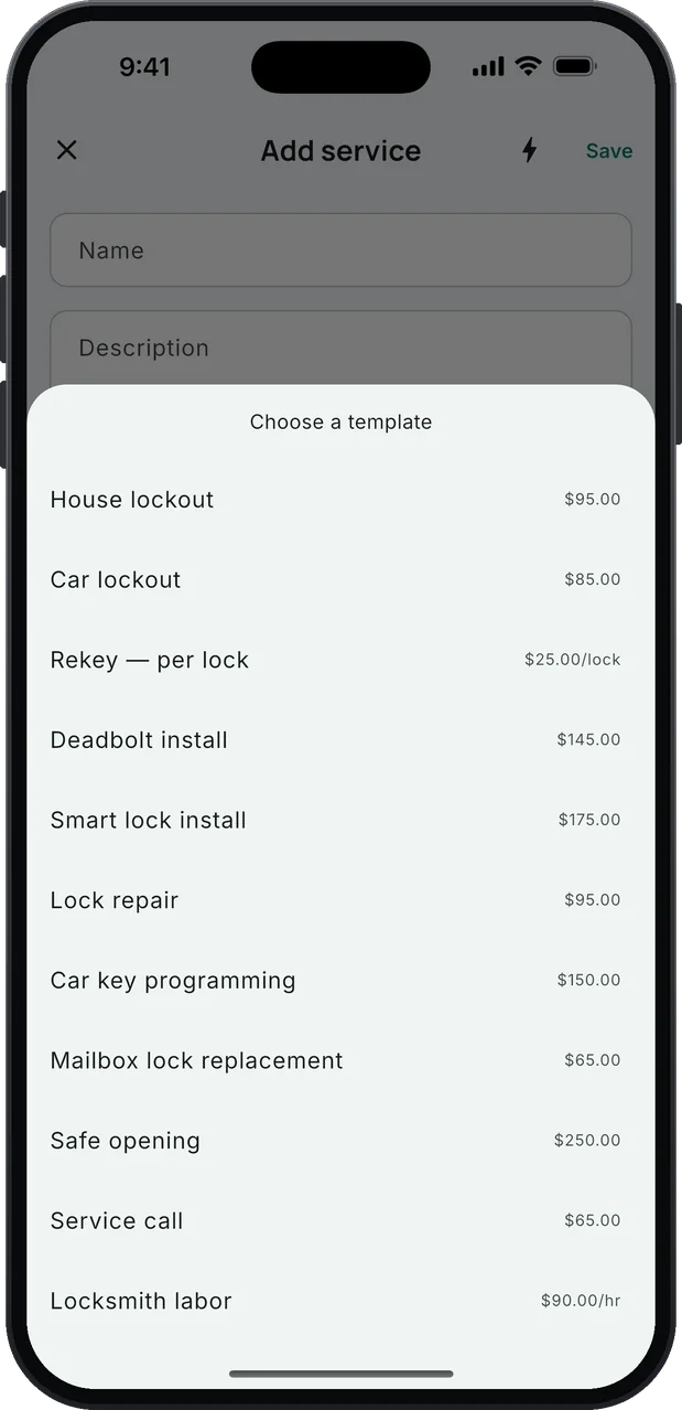 Choose a template: the locksmith service list with starting prices. House lockout $95, Car lockout $85, Rekey — per lock $25, Deadbolt install $145, Smart lock install $175, Lock repair $95, Car key programming $150, Mailbox lock replacement $65, and more below.
