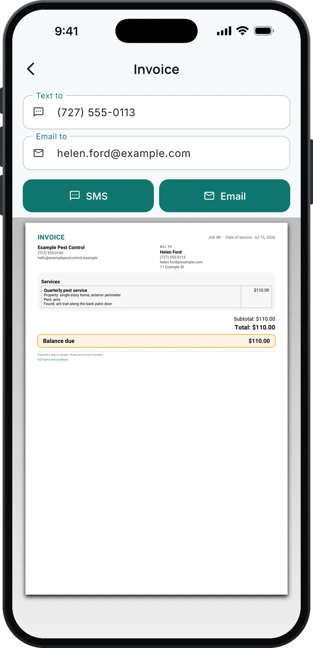 An invoice ready to send by SMS or email: Quarterly pest service $110.00 with its Property, Pest and Found lines; total and balance due $110.00, and the business's terms at the bottom.