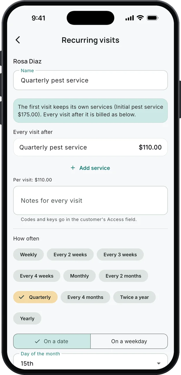 Recurring visits made from an initial service job: a note that the first visit keeps its own services, Initial pest service $175.00, then Every visit after with Quarterly pest service at $110.00, Per visit: $110.00, and How often set to Quarterly, on a date, the 15th.
