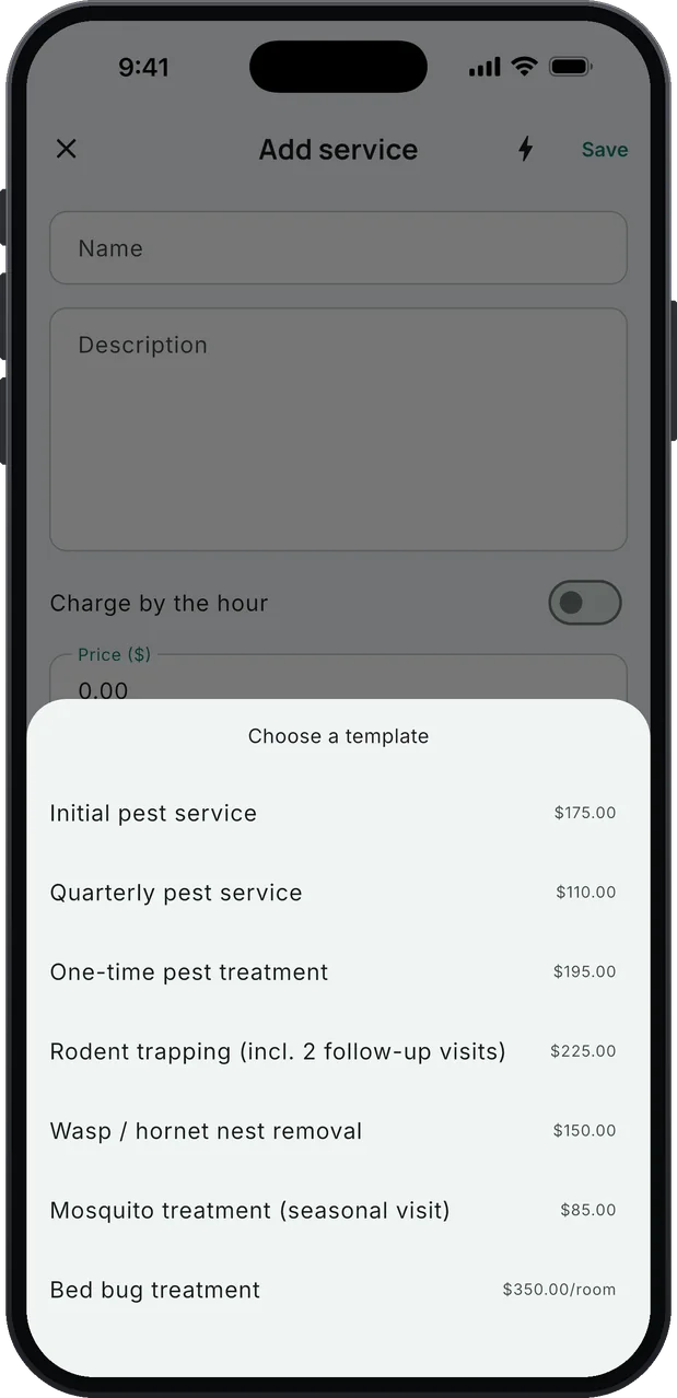 The starting service list for pest control, including Initial pest service $175.00, Quarterly pest service $110.00, Rodent trapping (incl. 2 follow-up visits) $225.00 and Wasp / hornet nest removal $150.00.