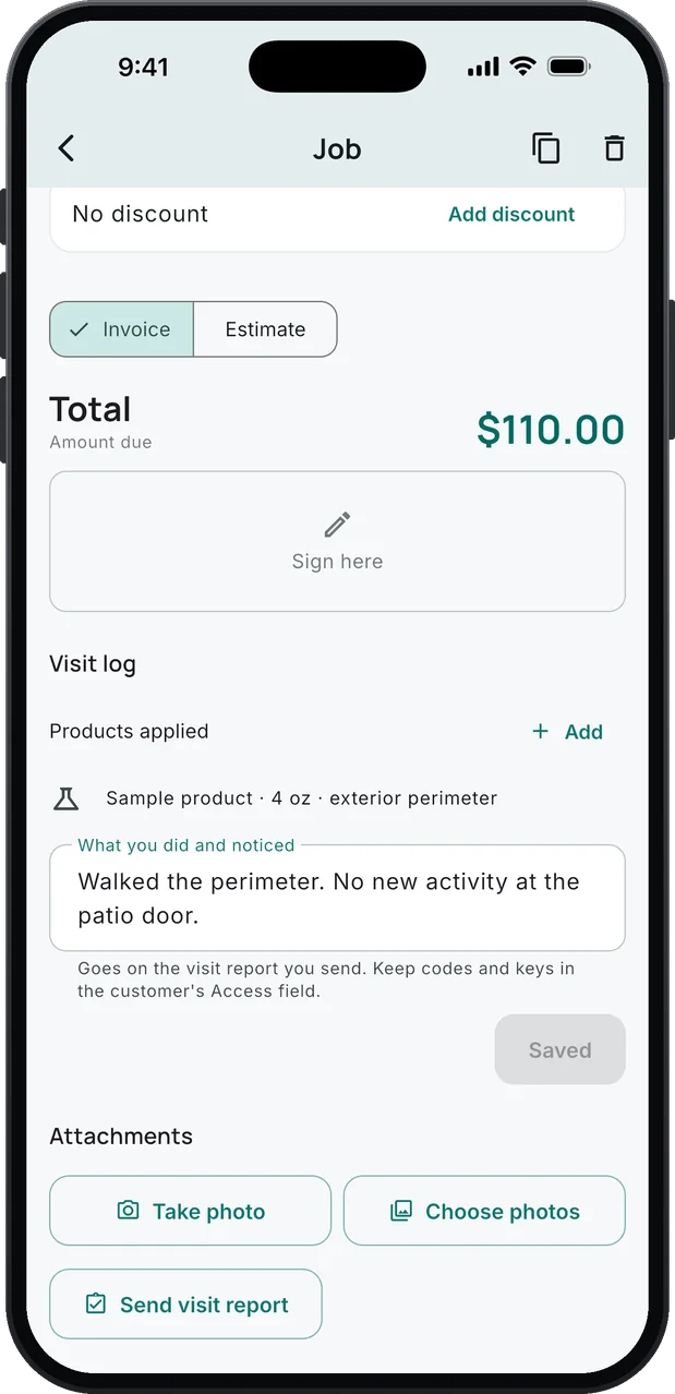 A job's Visit log: Products applied with one entry under a made-up name, Sample product, with an amount and the area exterior perimeter, and the note field What you did and noticed.