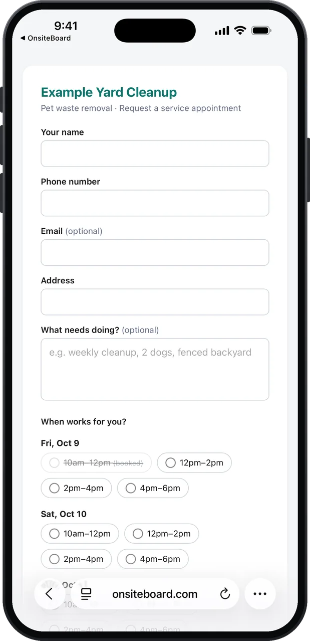 The customer's booking page for a demo pet waste removal business in a phone browser: fields for name, phone, email (optional) and address, "What needs doing?" with the example "weekly cleanup, 2 dogs, fenced backyard", and arrival windows for the next days, one of them booked and crossed out.