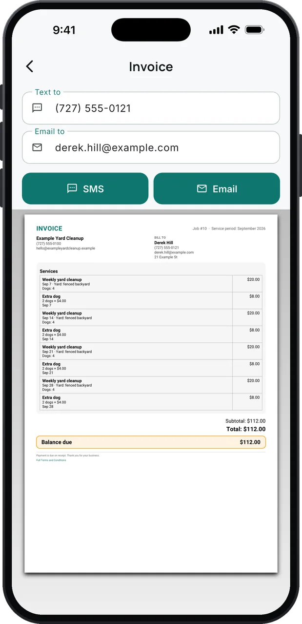 An invoice ready to send by SMS or email: Weekly yard cleanup for the month with the date of each visit, Extra dog at 2 dogs × $4.00 under each, and the total and balance due.