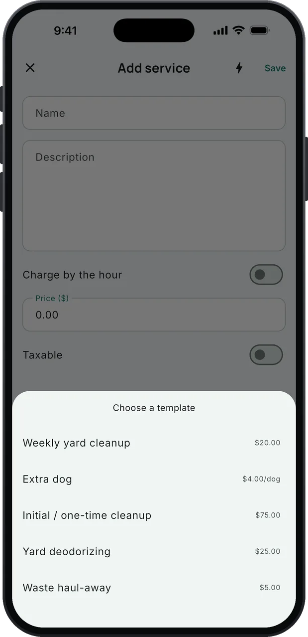 Choose a template: the pet waste removal service list with starting prices. Weekly yard cleanup $20.00, Extra dog $4.00/dog, Initial / one-time cleanup $75.00, Yard deodorizing $25.00, Waste haul-away $5.00.
