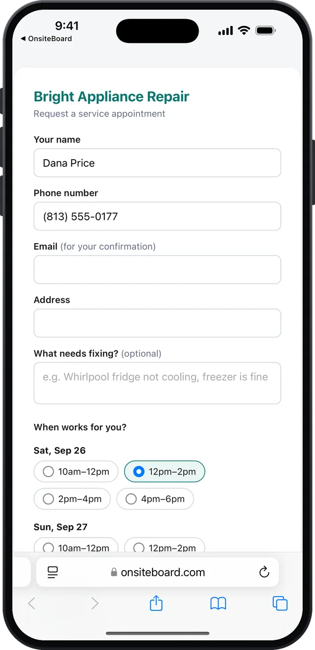 The customer's booking page on a phone: the business name, fields for name, phone, email, address and what needs fixing, and open arrival windows for the next days with 12pm–2pm selected.