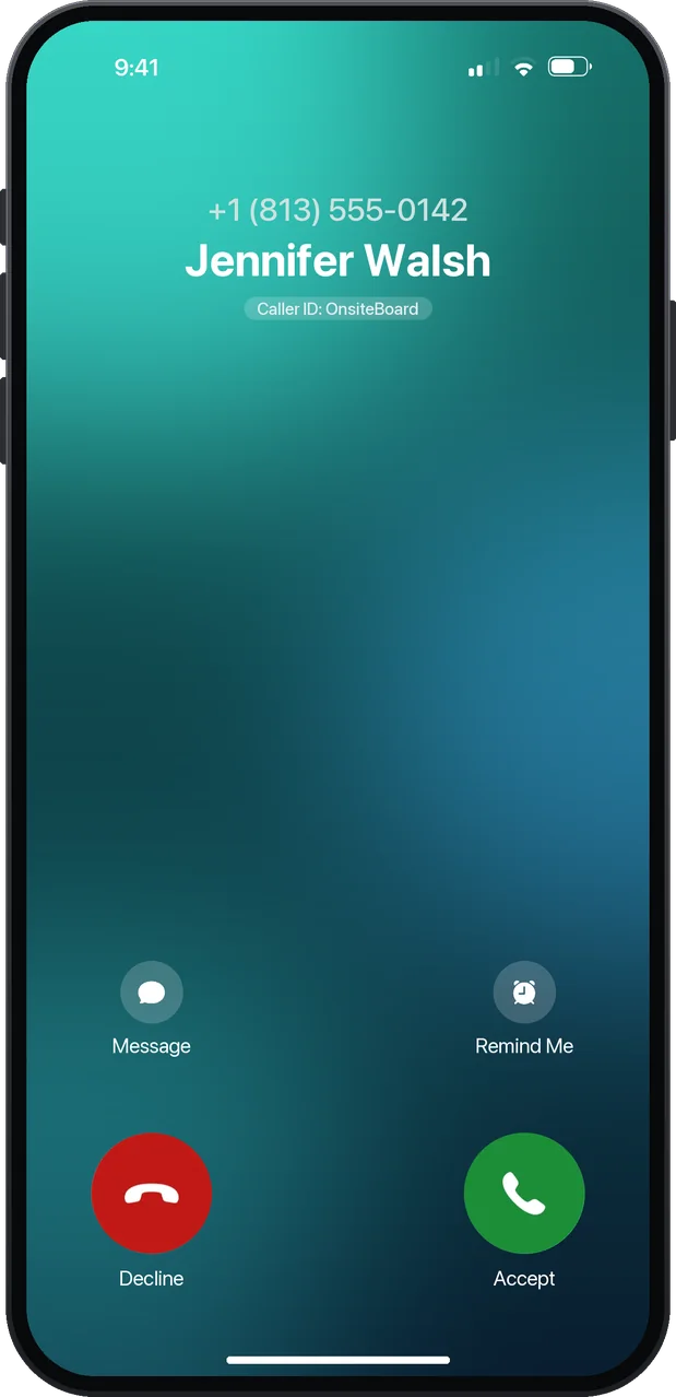 An incoming call on an iPhone showing the customer's name, Jennifer Walsh, under the number, identified by OnsiteBoard.