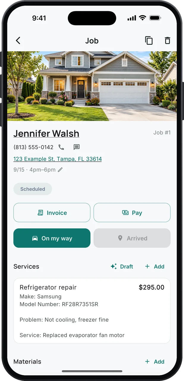 A job in the app: the customer's house, name, phone and address, the arrival window, Invoice and Pay, On my way and Arrived, and the Services list with a refrigerator repair, its make and model number in the description.