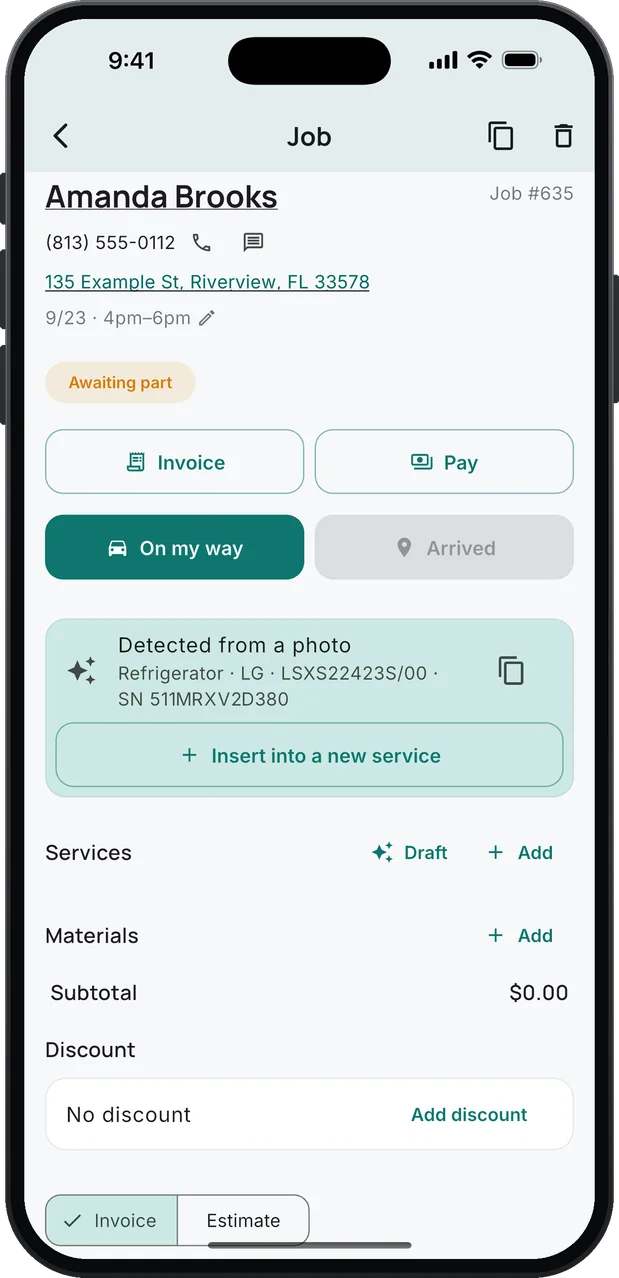 The job in the app after the photo was read: a Detected from a photo card showing Refrigerator, LG, model LSXS22423S/00 and serial 511MRXV2D380, with an Insert into a new service button above the Services list.