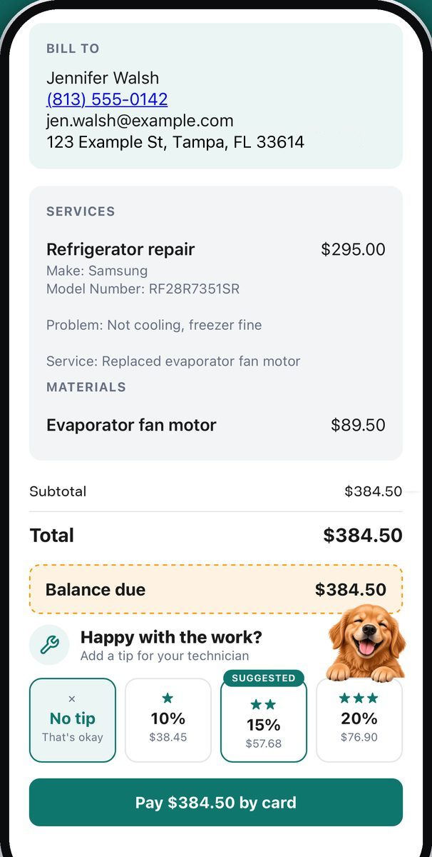 The customer's invoice page on a phone: bill-to block, a refrigerator repair with make and model, an evaporator fan motor, subtotal and total of $384.50, an amber balance-due box, a tip picker with no tip, 10%, 15% and 20%, and a 'Pay $384.50 by card' button.