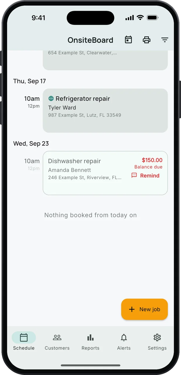The schedule with a finished dishwasher repair showing a balance due of $150.00 in red and a Remind button.