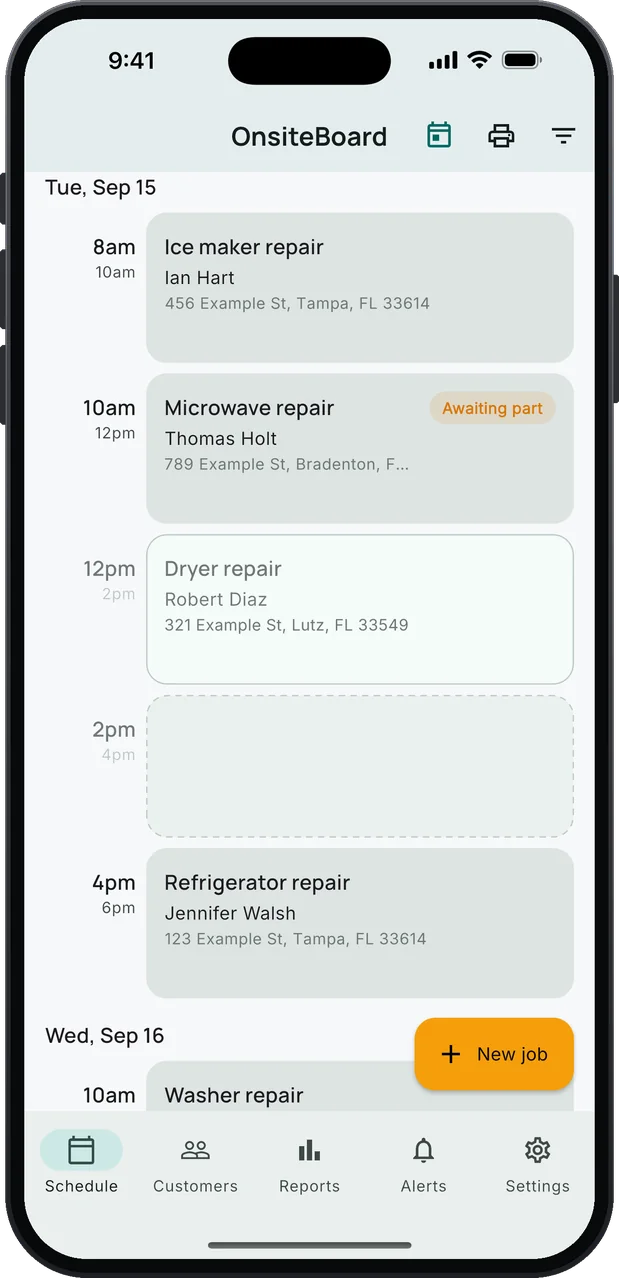 OnsiteBoard's Schedule screen on an iPhone: Tuesday's jobs — ice maker, microwave, dryer and refrigerator repairs — each in its arrival window down the left, the microwave job marked Awaiting part, a free slot left open, and an amber New job button.