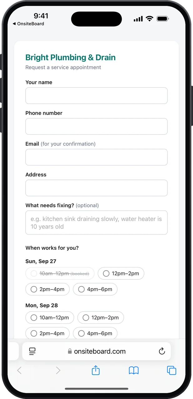 The customer's booking page in Safari: fields for name, phone, email, address and what needs fixing, with the example "kitchen sink draining slowly, water heater is 10 years old", and open arrival windows for the next days, one already booked and crossed out.