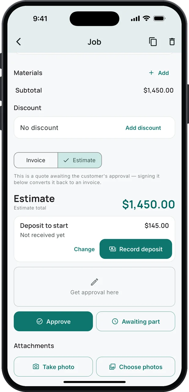 A water heater install job as an estimate: an estimate total of $1,450.00 and a Deposit to start card for $145.00, not received yet, with Change and Record deposit buttons, above the customer's approval box.