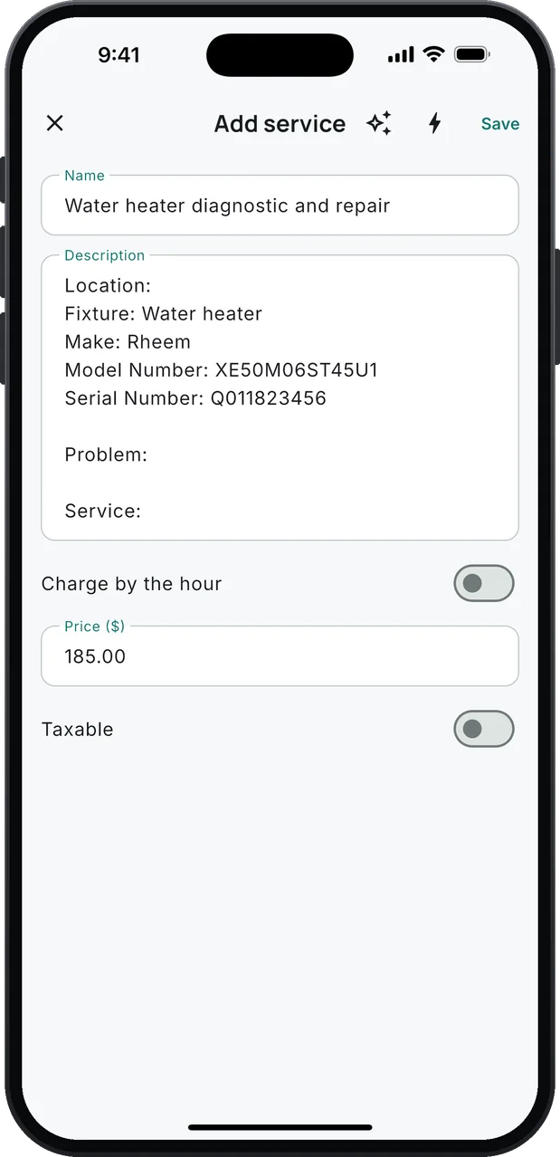 Add service after a water heater label photo was read: Water heater diagnostic and repair at $185.00, with Fixture: Water heater, the make, model and serial numbers filled in, and Location, Problem and Service left for the plumber.