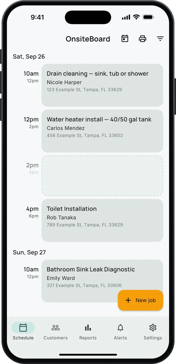OnsiteBoard's Schedule screen on an iPhone: plumbing calls in arrival windows, a drain cleaning, a 40/50 gal water heater install, a toilet installation and a bathroom sink leak diagnostic, with the 2pm–4pm window left open and an amber New job button.