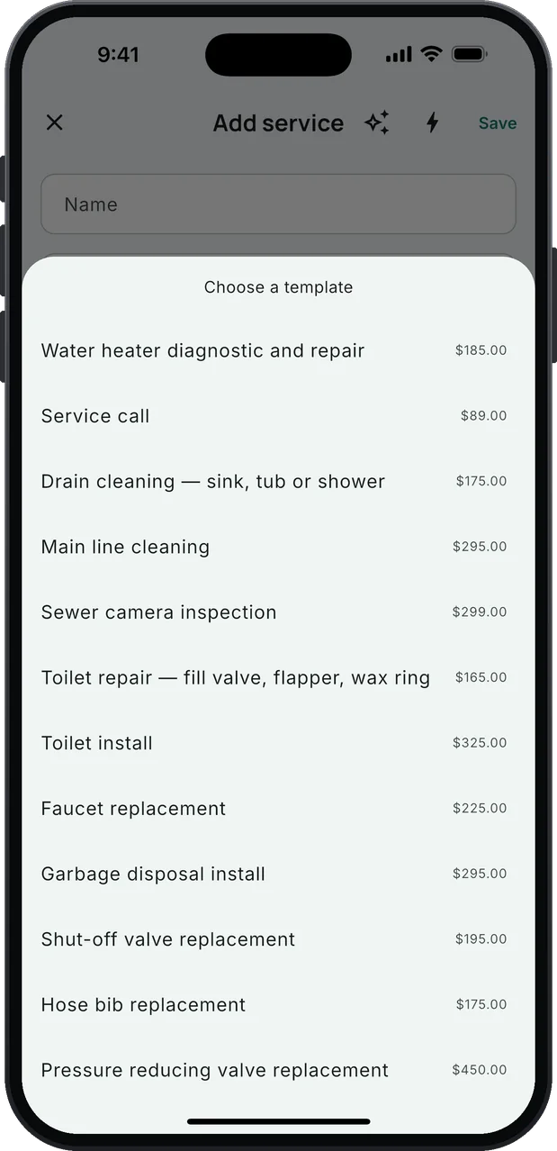 Choose a template: the plumbing service list with starting prices. Water heater diagnostic and repair $185, Service call $89, Drain cleaning — sink, tub or shower $175, Main line cleaning $295, Sewer camera inspection $299, Toilet repair — fill valve, flapper, wax ring $165, Toilet install $325, Faucet replacement $225, and more below.