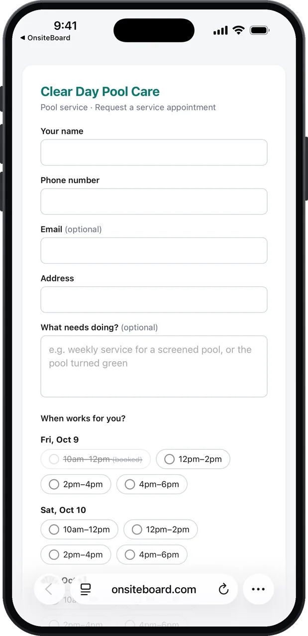 The customer's booking page for a demo pool service business in a phone browser: fields for name, phone, email (optional) and address, a "What needs doing?" box with its pool service example, and arrival windows for the next days, one of them booked and crossed out.