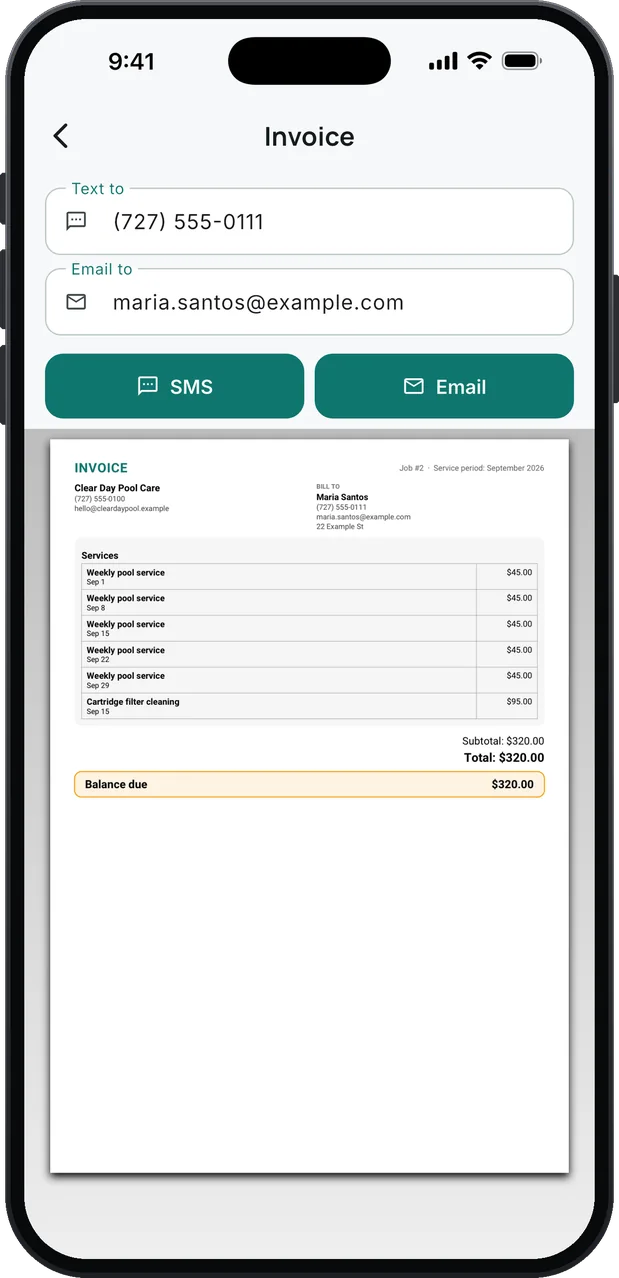 An invoice ready to send by SMS or email: Weekly pool service for the month with the dates of the visits listed, one extra added on a visit as its own dated line, and the total and balance due.