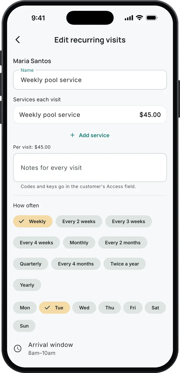 Recurring visits for a demo customer: Weekly pool service at $45.00 per visit, How often set to Weekly with Tuesday picked, and the arrival window.