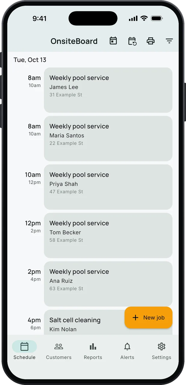OnsiteBoard's Schedule screen on an iPhone: a day of pool service stops in arrival windows, most of them recurring weekly pool service visits, with an amber New job button.