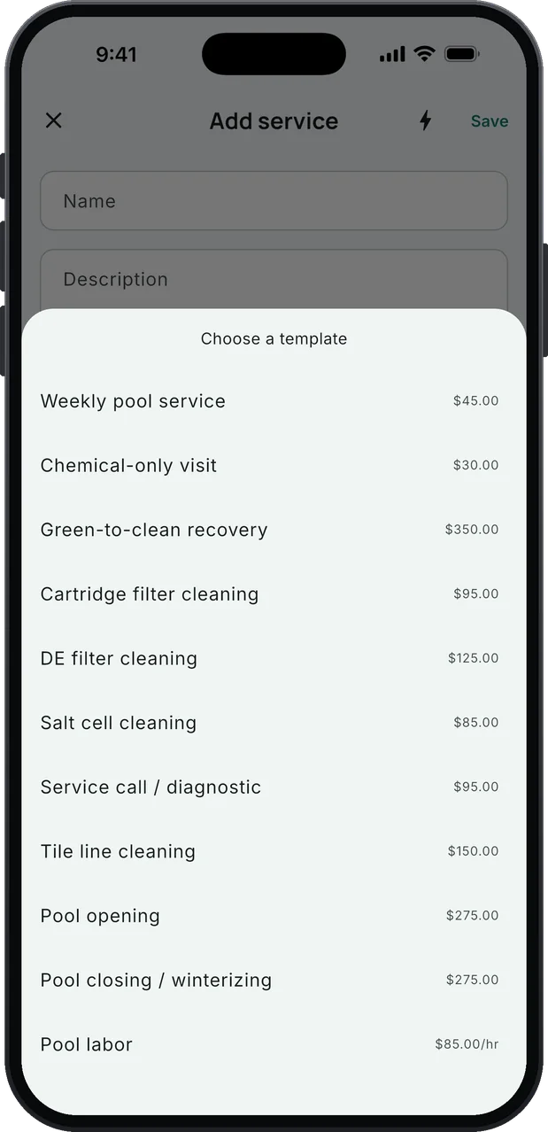Choose a template: the pool service list, each service with its starting price, Weekly pool service $45.00 at the top.
