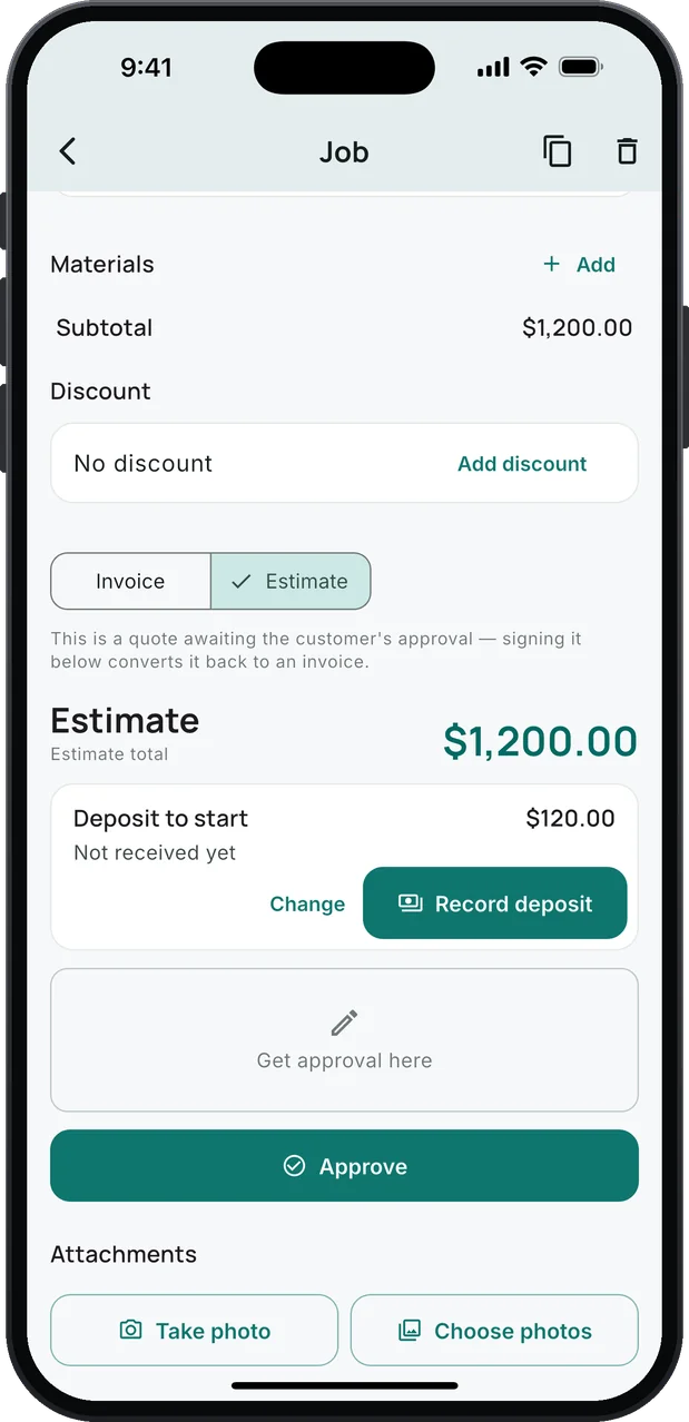 The job switched to Estimate: an estimate total of $1,200.00 and a Deposit to start card, $120.00, not received yet, with Change and Record deposit buttons, above the customer's approval box.