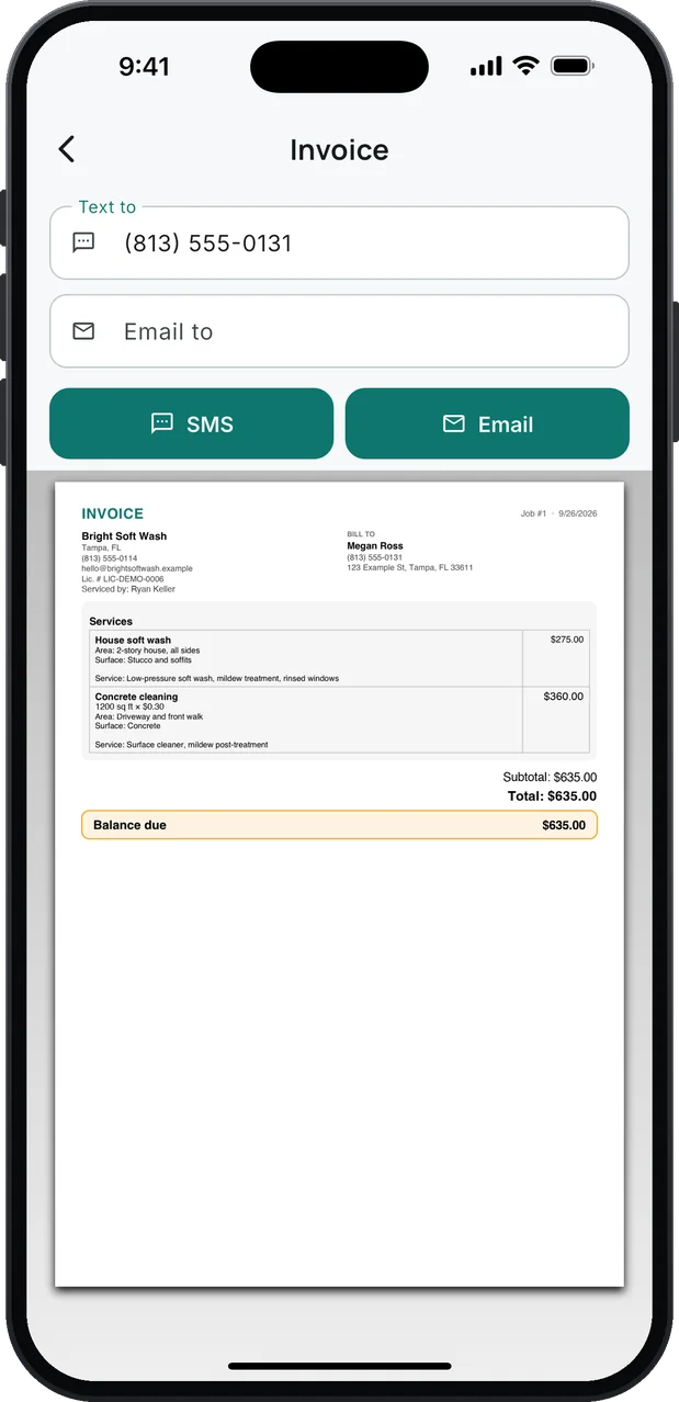An invoice ready to send by text or email: a house soft wash and concrete cleaning by the square foot, with the total and balance due.