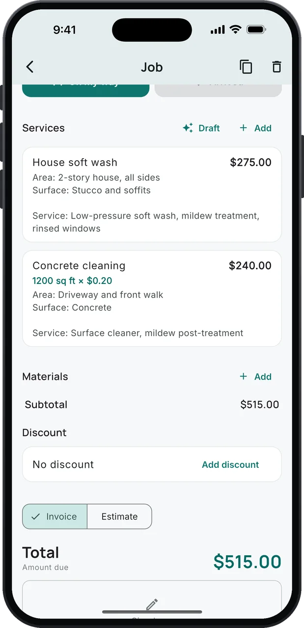 A job in OnsiteBoard: House soft wash, $275.00, with its Area and Surface lines, and Concrete cleaning at 1200 sq ft × $0.20, $240.00; a total of $515.00.