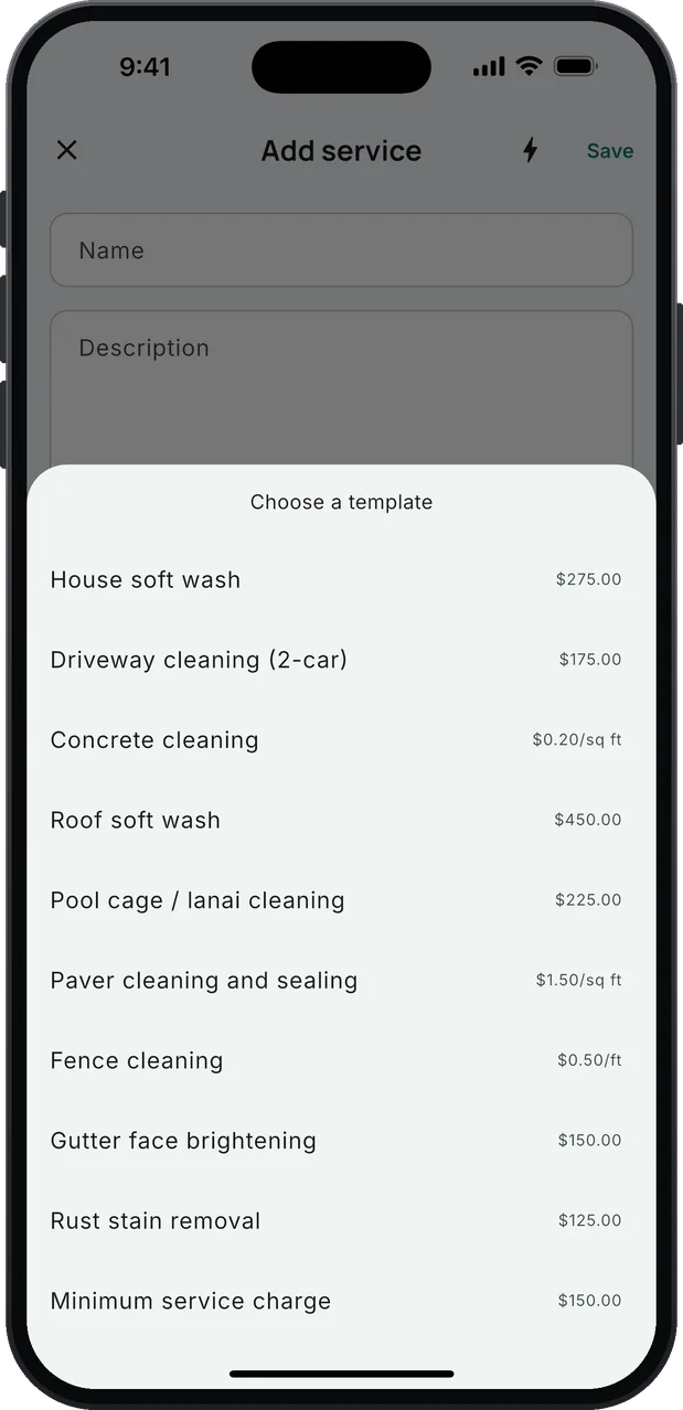 Choose a template: the pressure washing service list with starting prices. House soft wash $275.00, Driveway cleaning (2-car) $175.00, Roof soft wash $450.00, Gutter face brightening $150.00, and more below.