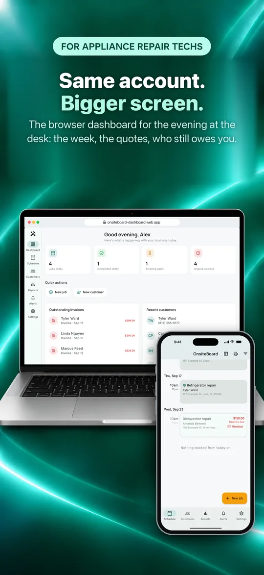 App Store screenshot: Same account. Bigger screen. The browser dashboard for the evening at the desk: the week, the quotes, who still owes you.