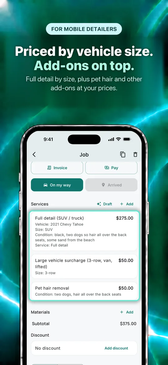 App Store screenshot: Priced by vehicle size. Add-ons on top. Full detail by size, plus pet hair and other add-ons at your prices.