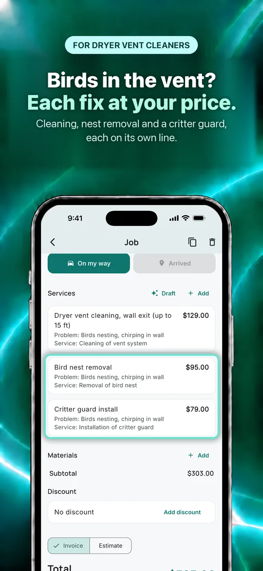 App Store screenshot: Birds in the vent? Each fix at your price. Cleaning, nest removal and a critter guard, each on its own line.