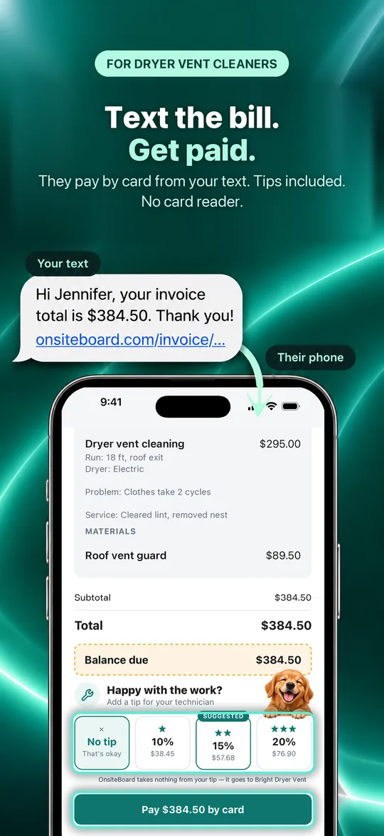 App Store screenshot: Text the bill. Get paid. They pay by card from your text. Tips included. No card reader.
