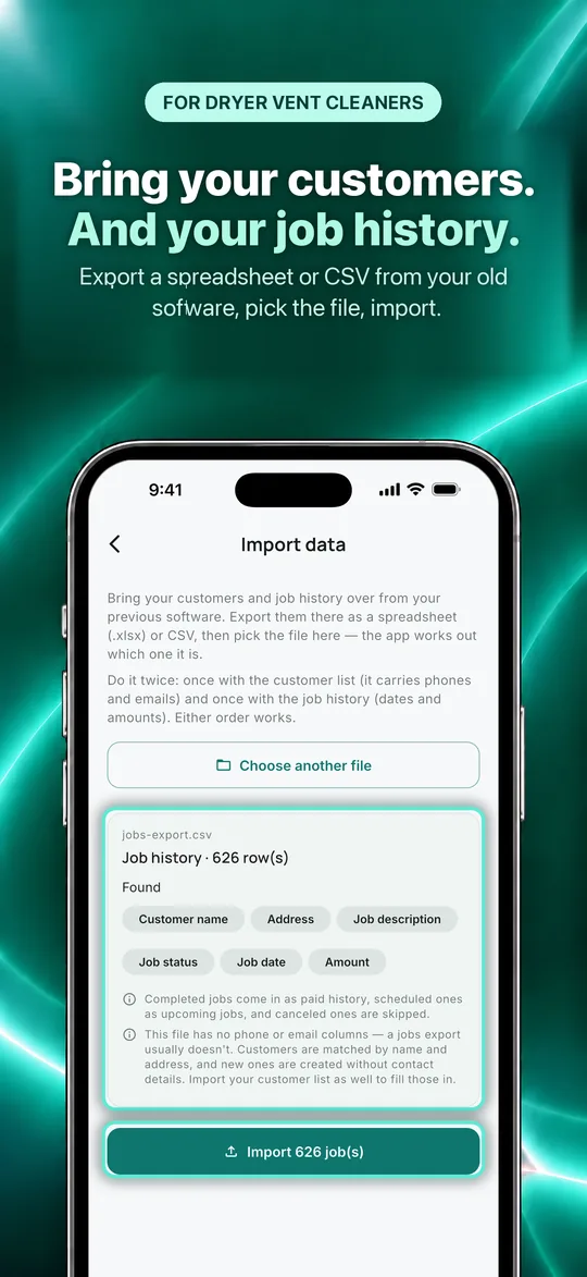 App Store screenshot: Bring your customers. And your job history. Export a spreadsheet or CSV from your old software, pick the file, import.