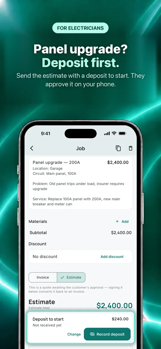 App Store screenshot: Panel upgrade? Deposit first. Send the estimate with a deposit to start. They approve it on your phone.