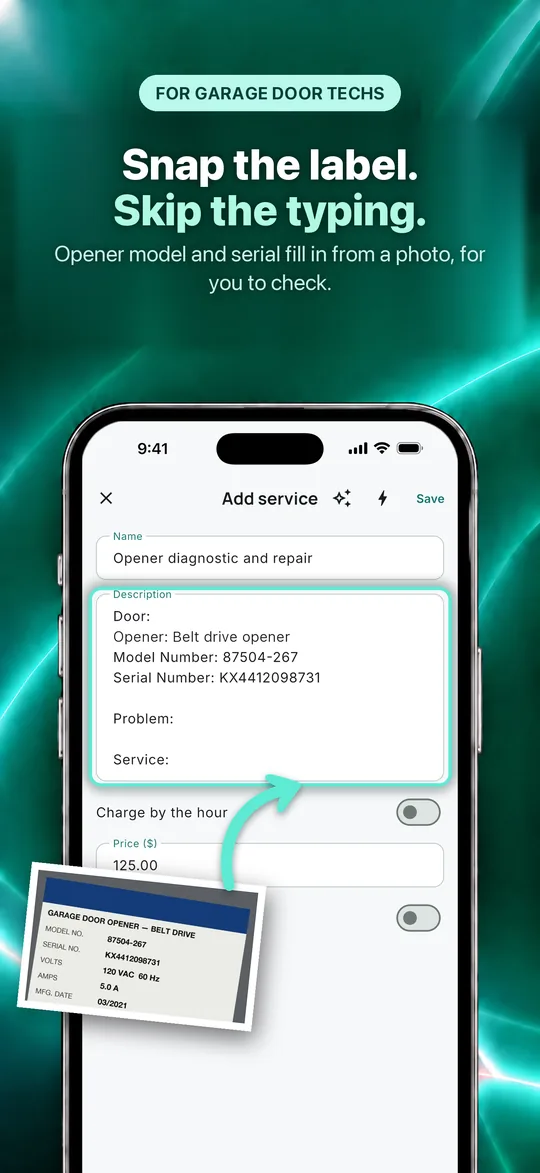 App Store screenshot: Snap the label. Skip the typing. Opener model and serial fill in from a photo, for you to check.