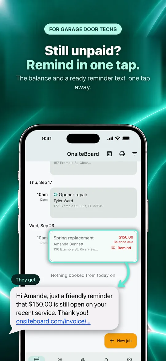 App Store screenshot: Still unpaid? Remind in one tap. The balance and a ready reminder text, one tap away.