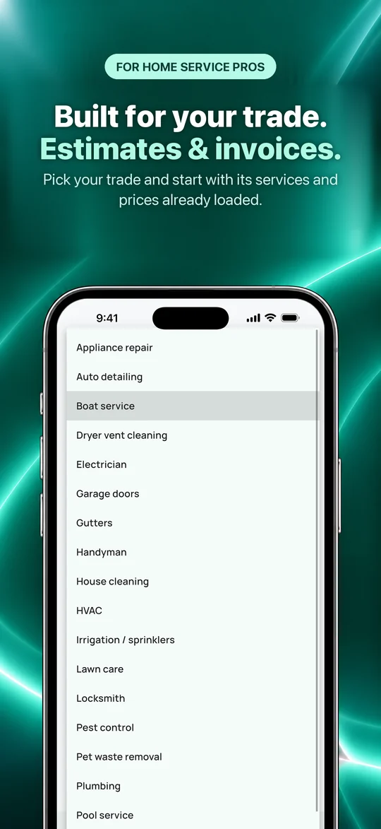 App screenshot: Built for your trade. Estimates & invoices. Pick your trade and start with its services and prices already loaded.